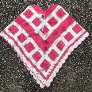 Vintage hand made pink granny square poncho